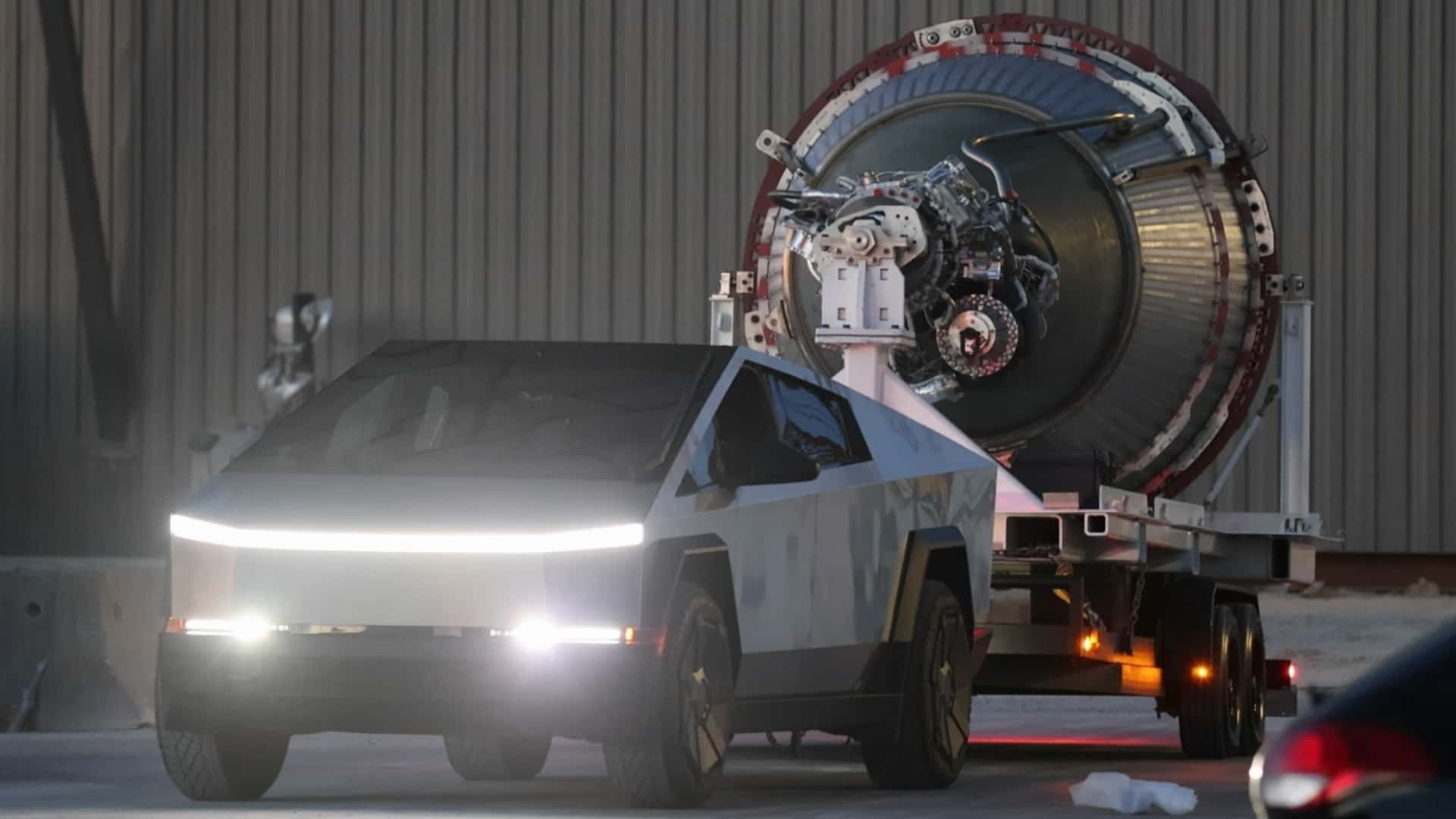 Tesla Cybertruck Spotted Towing SpaceX Rocket Engine