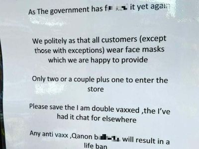 Grocer creates very cheeky sign to lay out shop’s Covid rules after claiming government has ‘f***** it again’