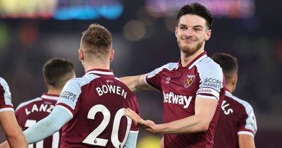 West Ham fans will love Declan Rice's reaction to Jarrod Bowen's Leeds United nightmare miss