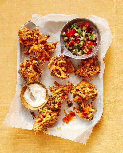 Thomasina Miers’ recipe for purple sprouting broccoli and gram flour bhajis