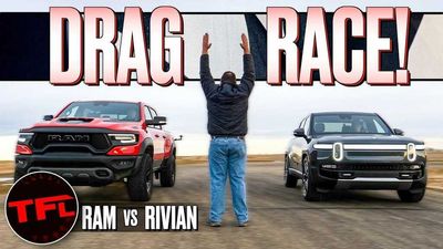 Watch The First Ever Rivian R1T Drag Race Against Ram TRX