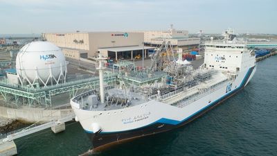 World-first hydrogen tanker arrives in Victoria to test potential for exporting fuel source to Japan