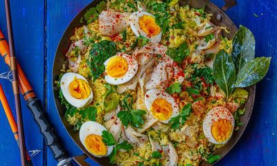 Kedgeree with leeks, wilted spinach, herbs and creme fraiche recipe by Emily Scott
