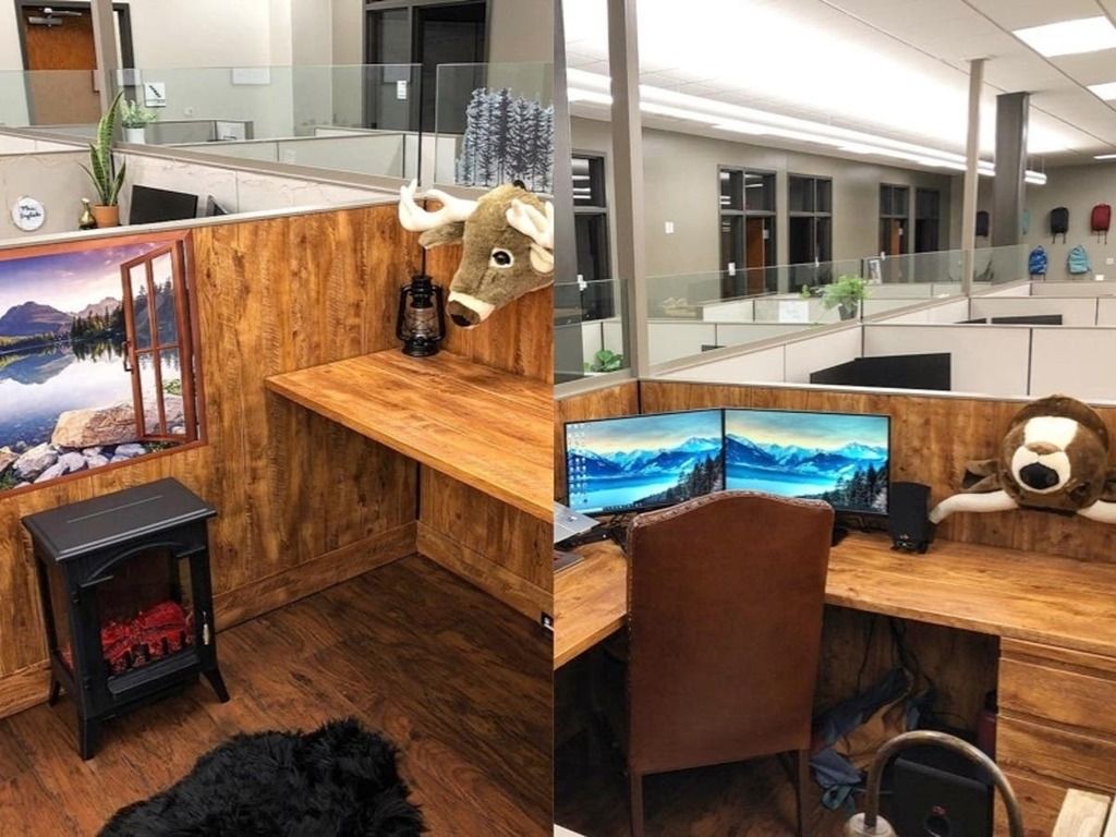 Employee transforms office cubicle into rustic cabin…