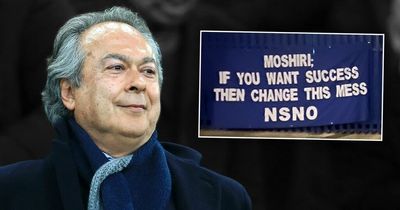 Everton protest banners against Farhad Moshiri and Kia Joorabchian placed outside Goodison Park