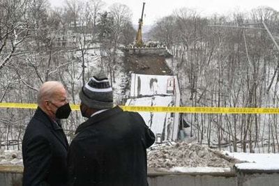 Joe Biden visits scene of Pittsburgh bridge collapse as he plugs $1tn infrastructure bill
