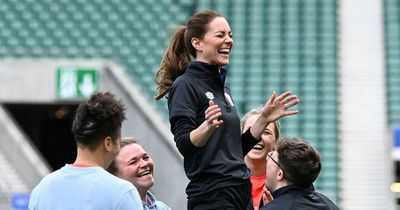 Kate Middleton is thrown into training at Twickenham on her first job as rugby patron