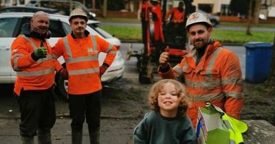 Boy, 3, who helped workmen near his home has his day made after they bring special gift