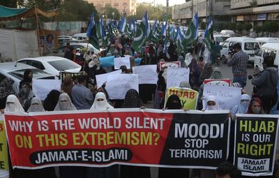 Pakistan women protest India's ban on headscarves in schools