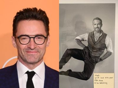 Ryan Reynolds hilariously trolls Hugh Jackman with a framed portrait on opening night of his Broadway show