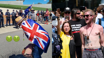 Thousands Of Anti-Vaxxers Protested At Parliament Today & One Charmer Even Booted Out Front