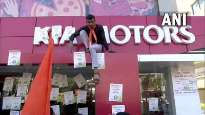 Bajrang Dal stages protest at KFC, Dominos, Pizza Hut joints, Hyundai, Kia Motors showrooms in Ahmedabad