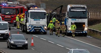 Traffic stopped as double decker bus bursts into flames on motorway