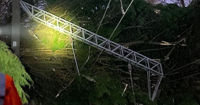 Dramatic pictures show overhead railway power line crushed by tree as Storm Dudley causes havoc across Scotland