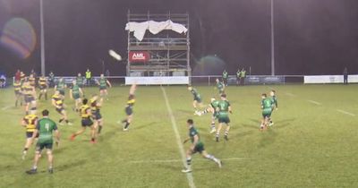 Welsh rugby player lands astonishing drop goal from inside his own half with help from Storm Dudley