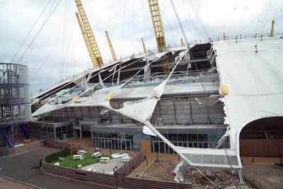 London’s O2 closed as Storm Eunice rips off part of venue’s roof