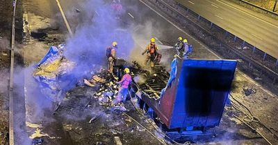 Lorry bursts into flames as Storm Franklin wind blows it into bridge on M6