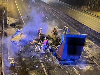 Storm Franklin: M6 closed after lorry crashes into bridge and bursts into flames in high winds