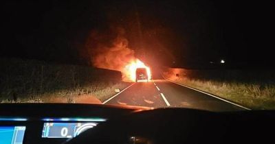 Camper van bursts into flames on busy Scots road as fire crews rush to scene