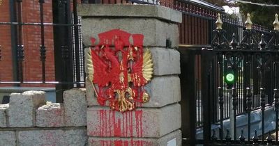 Russian Embassy entrance in Dublin doused in red paint during Ukraine protest