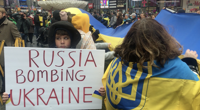 ‘Stop Russian Hitler!’ Ukrainians gather in New York’s Times Square to protest invasion