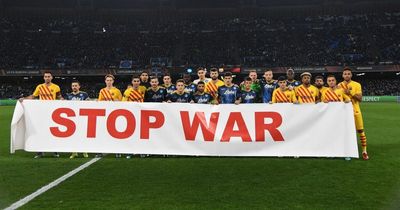 Barcelona and Napoli stars display "stop war" banner before Europa League clash