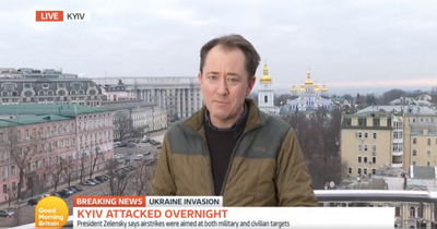 ITV Good Morning Britain reporter ducks for cover as bombing siren sounds in Kyiv
