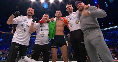 Conor McGregor gets in cage at Bellator Dublin to celebrate with "flawless" teammate