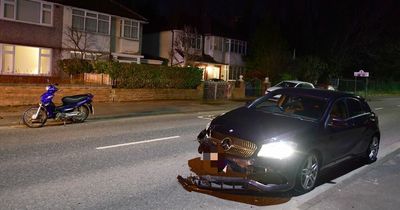 Motorbike rider taken to hospital after crash with Mercedes closes road