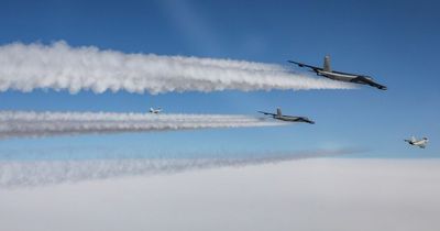 Four RAF Typhoon jets pass over Bristol in tight formation