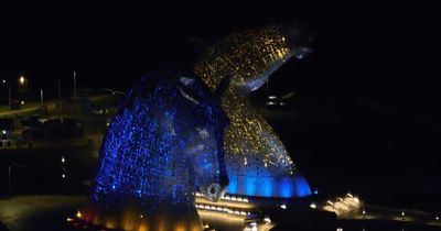 The Kelpies lit up in colours of Ukrainian flag in stunning drone footage