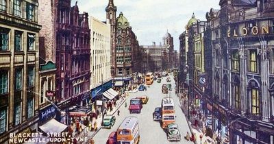 A picture postcard view of Blackett Street, Newcastle - and banana-yellow buses