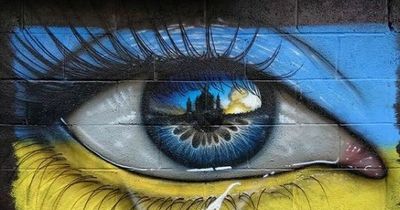 Beautiful Ukraine tear street art painted on Cardiff street