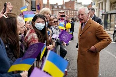Prince Charles was greeted by a crowd waving a sea of Ukrainian flags in Winchester