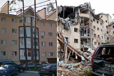 Devastating photo shows before and after of attack on Ukranian town of Irpin