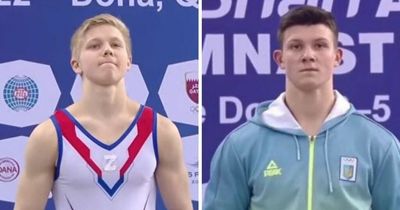 Russian gymnast wears national war symbol on shirt while sharing podium with Ukrainian rival