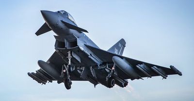 RAF Eurofighter Typhoon jets take off from Midlands air base