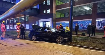 Tram disruption in Salford Quays after car crashes on to Metrolink tracks