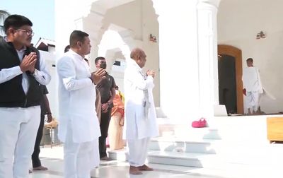 N Biren Singh offers prayers at Shree Govindajee Temple in Imphal, on verdict day for Assembly elections