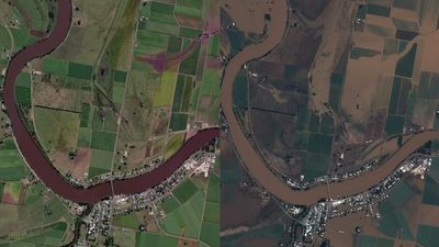 Satellite images show NSW floods transform Woodburn in Northern Rivers from sea of green to sea of mud