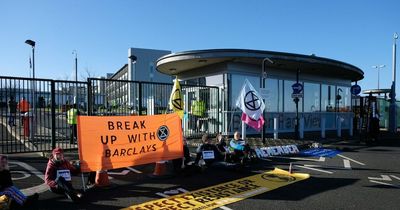 Extinction Rebellion activists block access to HMRC Longbenton in Barclays bank row