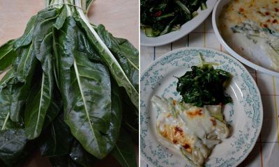 Rachel Roddy’s favourite recipe for chard stem gratin and garlicky greens