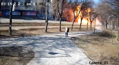 CCTV footage catches moment of Russian projectile’s impact on Kyiv street