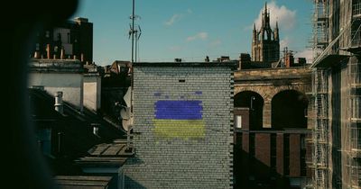 Flag mural appears near Tyne Bridge in Newcastle in solidarity with those affected by war in Ukraine
