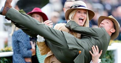 Penny Lancaster in hysterics as she carries jockey Frankie Dettori at boozy Cheltenham