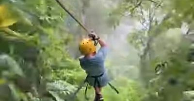 Dramatic moment boy crashes into sloth on zip wire in forest as animal hits kid in face