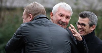 Watch as sports stars embrace and share a laugh as they remember Steve Black at his funeral