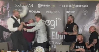 Thor Bjornsson throws can of energy drink at Eddie Hall during heated row