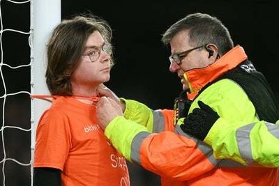 Everton vs Newcastle: Protester chains themselves to a goalpost with ‘Just Stop Oil’ message