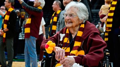 Sister Jean Gives Loyola-Chicago Pre-Game Pep Talk, Wearing Signature Balloon Flower Corsage